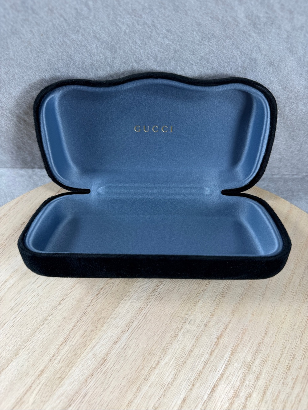 Gucci Black Exterior Sunglasses Case with Blue Interior and Gold Logo